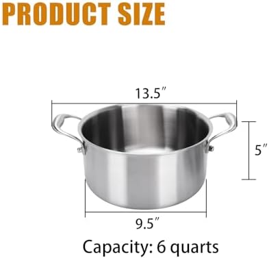 5 Ply Stainless Steel 6 Quart Stock Pot with Lid Compatible with Any Stove