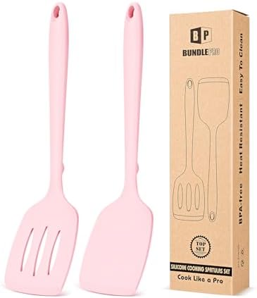 Pack of 2 Silicone Spatula Turners, Non Stick Slotted Kitchen Spatula Set, Heat Resistant BPA Free Kitchen Utensils, One-Piece Design, Suitable for Flipping Fish, Eggs, Steak, Pancakes (PINK)
