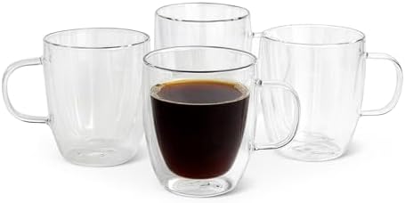 Amazon Basics Double Walled Glass Coffee Mugs, 4-Piece Set, 12 oz., Dishwasher-Safe, Borosilicate Glass