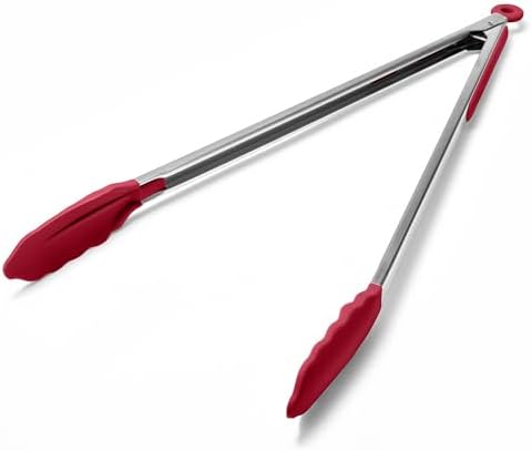 Doosu Kitchen Tongs with Silicone Tips for Cooking Serving (16in, Red)