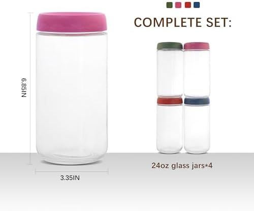 24 OZ Overnight Oats Jars with Lids 4 Pack, Glass Meal Prep Containers, Reusable Food Storage Jars, Airtight Mason Jars for Breakfast, Yogurt Parfait, Salad, Smoothies(4-1)