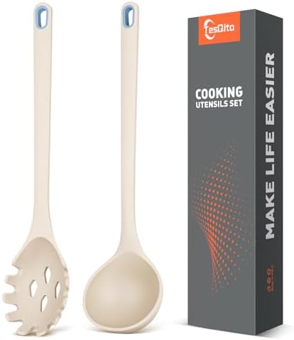 Silicone Spaghetti Spoon & Soup Ladle Cooking Utensils Set of 2 (KHAKI)