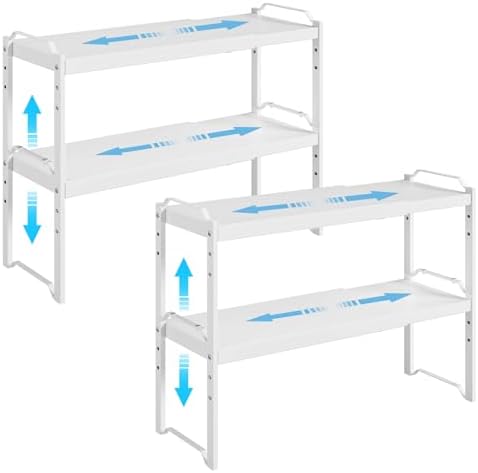 4 Pack Kitchen Cabinet Shelves Organizers, Kitchen Counter Storage Shelf Spice Rack, Expandable Length, Adjustable Height, Stackable, Sturdy 30LBS Bearing, Small Cupboard Tabletop Organizer Shelf Rack