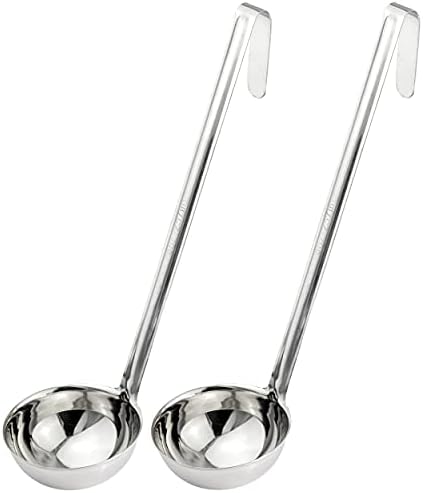 Fit Meal Prep [2 Pack] Stainless Steel Soup Ladle - One-Piece Sauce Spatula w/Hook Handles, Commercial Grade Serving Spoon, Kitchen Tool for Restaurant or Home Cooking, Mirror Finish, 14.25" Long