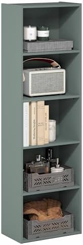 Furinno LUDER Book Shelf, 5-Tier Bookshelf, Bookcase with Open Shelves, 9.4 x 15.8 x 52, Easy Assembly, for Living Room, Bedroom, Home Office, Sage Green