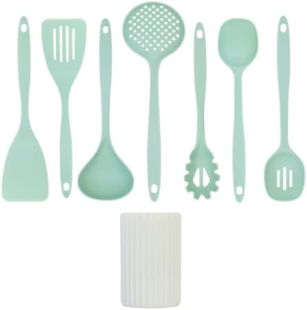 Glad Kitchen Utensils Set, 8pcs - Nonstick Cooking Tools with Utensil Holder - Nylon Spoon, Ladle, Skimmer, Spaghetti Server, and Turner Spatula Set - Dishwasher Safe, Teal Green