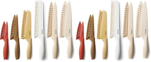 CAROTE Knife Set, 12 Pieces Kitchen Knife Set, 6 Stainless Steel Knives with Blade Guards & Nonstick Ceramic Coating, Rustproof, Color-Coded, Ergonomic Handles (Pack of 2)