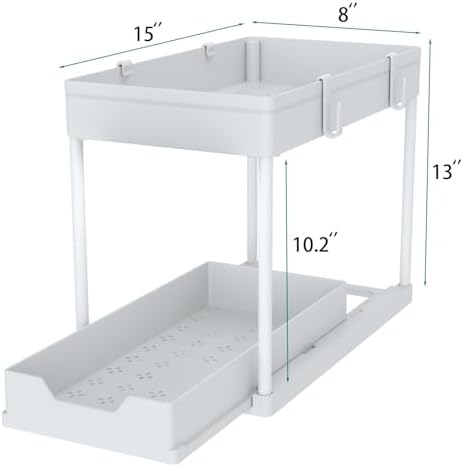 DEKAVA Cabinet, 2 Pack Under Sink Organizer, 2 Tier Sliding Bathroom Kitchen Organizer, Large White ABS Baskets, Easy Install & Clean