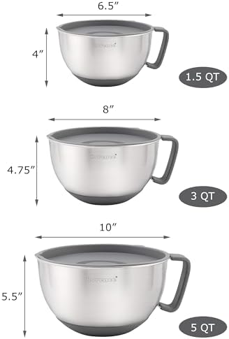 Rorence Stainless Steel Mixing Bowls Set with Lids,1.5,3 & 5 Qt,Gray