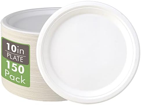 Vplus 150 Pack Compostable Bagasse Paper Plates 10.25 inch, White