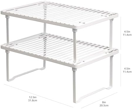 Amazon Basics Space-Saving Stackable Metal Kitchen Cabinet Organizer Shelves for Dishes, Pantry Organization, 12.5" L x 8" D x 4.5" H, Set of 2, White