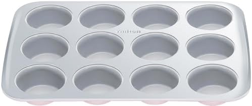 Nonstick Ceramic 12 Cup Muffin Pan, Cupcake Pan for Baking, Non-Toxic Muffin tin, Ceramic Coating, PTFE & PFOA Free, Oven Safe 550°F, Aluminized Steel (Pink)