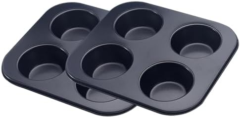 4 Cup Muffin Pan for Oven Baking, Carbon Steel Cupcake Baking Pan Nonstick Round Mini Muffin Tin Pie Pans Cake Mold for Making Muffins Cupcakes Frittatas Tarts Pudding(Black 2 pcs)