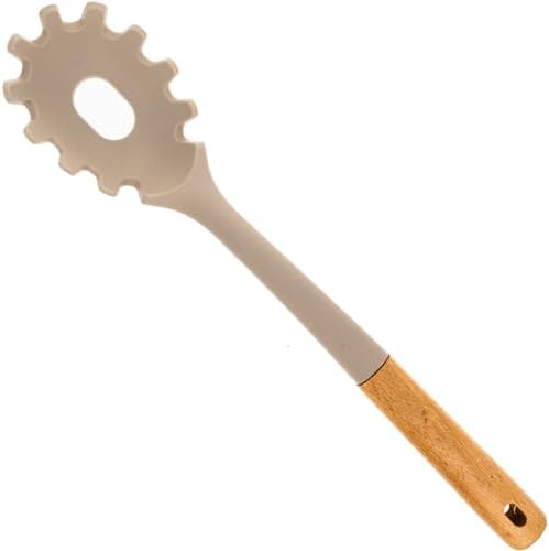Beille 1pc Beech Wood and Silicone Pasta Spoon Kitchen Utensils Cooking Baking Supplies Home Essentials, Light Grey