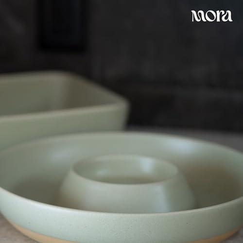 MORA Ceramic Chips and Dip Serving Tray: Large Divided Party Bowl Set for Chips & Salsa, Veggies & Dip, Fruit, Snacks, Entertaining, Hosting, etc. Minimalist Design for the Modern Hostess - Thyme