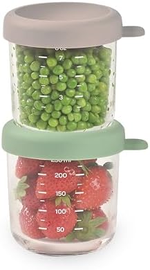 BEABA 2 Pack Glass Baby Food Jars with Soft Silicone Air Tight Lids, 8 oz Glass Storage Containers with Lids, Microwave and Freezer Safe Containers, Sage