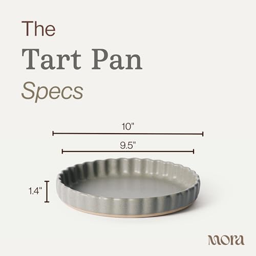 MORA Ceramic Tart Pan, 9.5 Inch Large Porcelain Baking Dish for Tarts, Quiche, Pie, Flan etc. Fluted Ruffled Edge, Oven, Microwave, Freezer, and Dishwasher safe - Great Gift For Bakers - Peppercorn