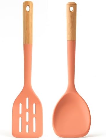 Beille 2pc Beech Wood and Silicone Kitchen Utensils Spatula Set Meal Prep Cooking Baking Supplies Home Essentials, Coral Peach