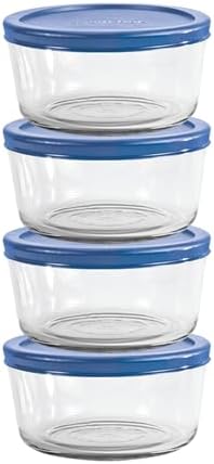 Anchor Hocking 2 Cup Glass Storage Containers with Lids, Set of 4 Glass Food Storage Containers with Blueberry SnugFit Lids