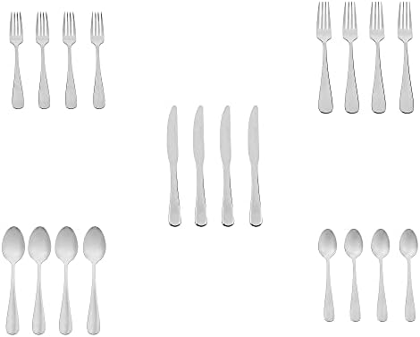 Amazon Basics Silverware Set, Stainless Steel Flatware, Dishwasher Safe, Service for 4, 20-Piece Forks and Spoons, Round Edge, Everyday Use (Pack of 2)