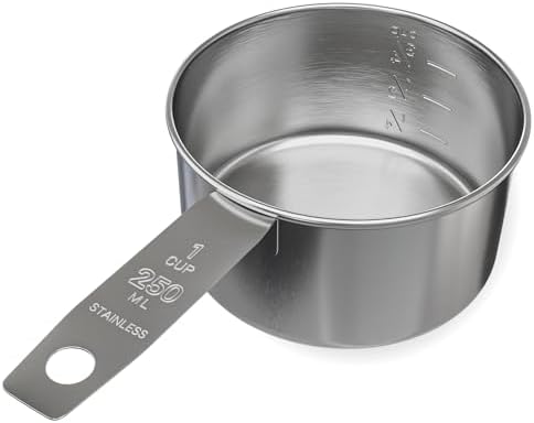 1 Cup Stainless Steel Measuring Cup | Sturdy Metal 250 ml | 240 cc | 8 oz | Single Cup for Wet and Dry Ingredients | Great for use as 1 Cup Dog Food Scoop - 1 PK
