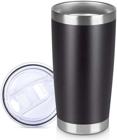 20 oz Tumbler Stainless Steel Tumblers Bulk with Lid Double Wall Insulated Coffee Tumbler Cups for Hot & Cold Drinks Powder Coated Travel Coffee Tumbler Mug Metal (Black, 1 pack)