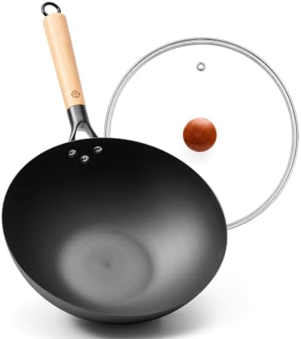 WANGYUANJI 11.8" High Purity Iron Wok Pan,Flat Bottom Stir Fry Pan for Electric,Induction & Gas Stoves,No Chemical Coating Carbon Steel Alternative,Traditional Hand-Hammered Skillet for Cooking