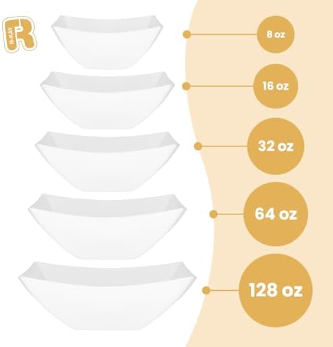 R-kay 6 Pack Square Plastic Serving Bowls - White Plastic bowls 32 Oz - White Salad Bowls Large Serving, Premium Heavy Duty For Weddings Catering And Birthday parties