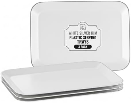 3 Pack Silver Plastic Serving Trays for Party - Silver Rim Serving Tray 8 x 11 Inch - Heavy Duty Dessert Trays for Food - Rectangular Party Serving Trays for Entertaining