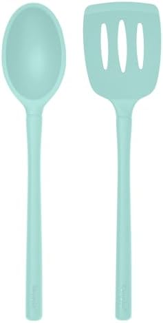 Tovolo Flex-Core Set of 2 Silicone Kitchen Utensils, Slotted Turner Spatula and Deep Spoon, BPA-Free Dishwasher Safe Heat Resistant Cooking Tools, Aqua Seafoam Green