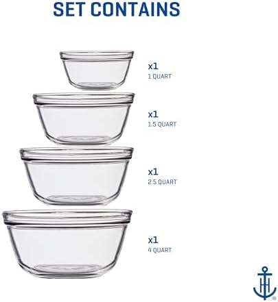 Anchor Hocking 4 Piece Glass Mixing Bowls Set – Durable, Microwave, Oven, and Dishwasher Safe – Perfect for Prep, Mixing, Serving, and Storage – Made in USA
