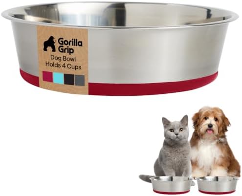 GORILLA GRIP Dog Bowl, Food Grade Stainless Steel Water Bowls, 4 Cup Red