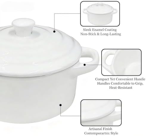 Mini Dutch Oven Set of 4, 14 oz Ceramic Mini Dutch Ovens with Lids and Handles, Ramekins with Lids for French Onion Soup, Pot Pies, Soufflés and Baked Desserts, Oven Microwave Dishwasher Safe, Mini Cocotte, White