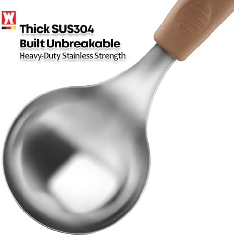 Short Stainless Steel Ladle 220mm (8.6”) – SUS304 Thick Deep Bowl Head with Soft-Grip Silicone Handle – Lightweight Mini Soup & Serving Spoon for Cooking – 5 Color Options (Brown)