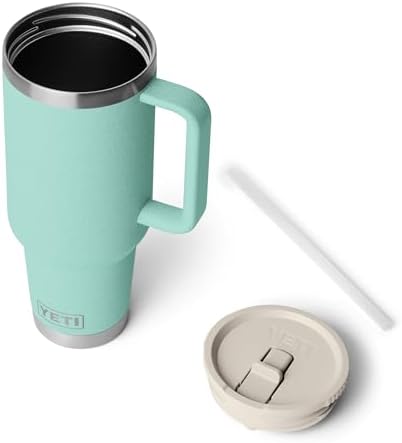 YETI Rambler 40 oz Travel Mug with Flip Straw Lid – Stainless Steel, Vacuum Insulated, Leakproof, Cup Holder Friendly, Sea Stone
