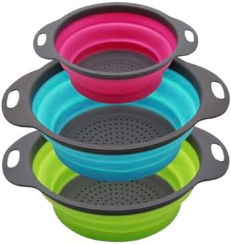 Set of 3 Niklye Ultimate Kitchen Strainers—1×10” & 2×12” Collapsible Silicone Colanders. Now more durable and robust for everyday use with pasta, veggies, fruit & more.