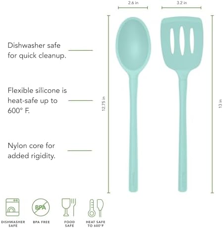 Tovolo Flex-Core Set of 2 Silicone Kitchen Utensils, Slotted Turner Spatula and Deep Spoon, BPA-Free Dishwasher Safe Heat Resistant Cooking Tools, Aqua Seafoam Green