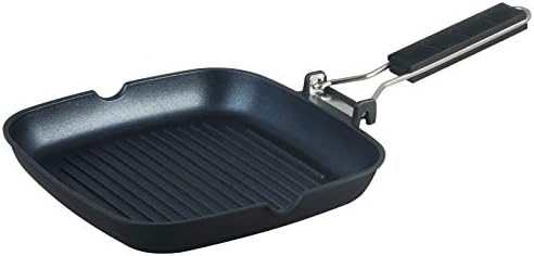 S·KITCHN Grill Pan with Folding Handle, Nonstick Grilling Pan for Stove Tops, Induction Compatible Square KBBQ Pan with Pour Spouts - 9IN