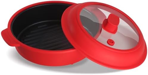 GLOU-GLOU GOOSE GGG Microwave Grill Pan, Fry Griddle Crisper Pan with Lid for Grilling Browning and Crisping Foods Microwave Silicone Cookware for Meat Sandwich Vegetable Red
