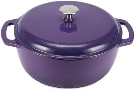 Amazon Basics Enameled Cast Iron Dutch Oven Pot with Lid, Round, Dual Handles, Heavy-Duty, Oven Safe for Stews, Roasting, Baking, 6-Quart, Purple