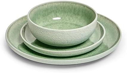 Sango Asher 12-Piece Stoneware Dinnerware Set for 4, Green Ceramic Plates and Bowls Sets, Modern Dish Set with Reactive Glaze, Durable Kitchen Dishes for Casual Dining, Microwave & Dishwasher Safe