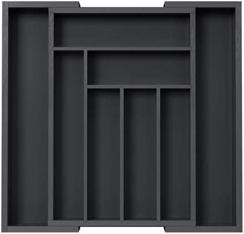 Pipishell Bamboo Expandable Silverware Drawer Organizer, Black, Medium