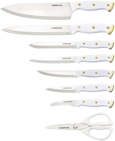 Farberware 15-Piece Kitchen Knife Block Set, White and Gold