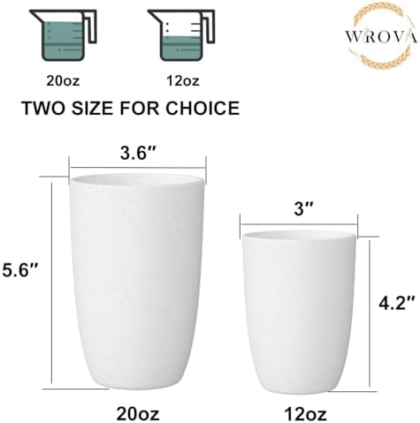 Wrova Wheat Straw Cups 6 Set of 6 Good Alternative to Plastic Reusable Cups 20 oz Unbreakable Drinking Cup Reusable Dishwasher Safe Water Plastic Glasses - White