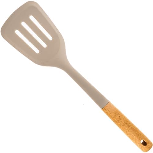 Beille 1pc Beech Wood and Silicone Slotted Spatula Solid Kitchen Utensils Cooking Baking Supplies Home Essentials, Light Grey