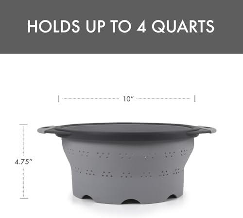 Dexas 10" Collapsible Silicone Colander in Cool Grey, Kitchen Strainer with Handles, 15.1 Cup Capacity | BPA-Free, Heat-Resistant, Space-Saving Kitchen Tool