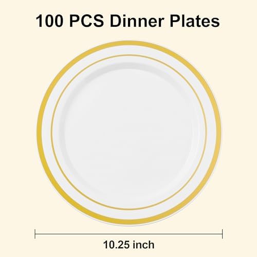 BESTSTAR 100PCS White Plastic Plates for Party, 10.25 Inch Disposable Plates with Gold Rim, Heavy Duty Dinner Plates for Party, Wedding and Birthday (Pack of 2)
