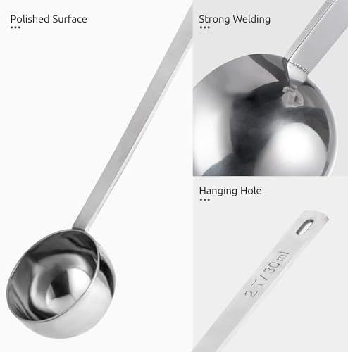 U-Taste Coffee Scoop 1&2 Tablespoon: 18/8 Stainless Steel Measuring Scooper for Ground Coffee, Bean, Powder, Espresso, 6.9in Long Handle Metal Meaure Spoon for Canister, Jar(1&2Tbsp/15&30ml, Silver)