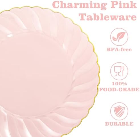 YOUBET 125Pieces Clear Pink Plastic Plates with Gold Rim - Gold Plastic Silverware Include 25 Dinner Plates 25 Dessert Plates 75 Golden Silverwares for Wedding Birthday & Parties Easter Mothers Day