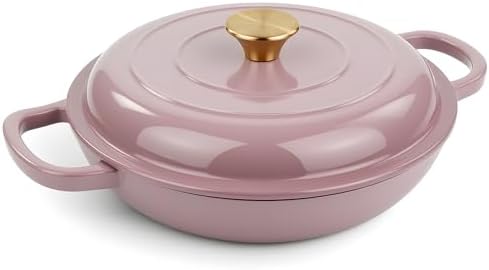 3 Quart Enameled Cast Iron Braiser, Non Stick Enameled Cast Iron Skillet with Lid, Dutch Oven Skillet with lid up to 500°F for Oven, Stove, Grill, Shallow Dutch Oven for Cook, Bake (Pink)